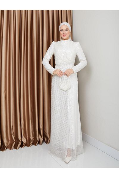 Olcay Hijab-Abendkleid mit Pailletten und Volants – ECRU 1677
