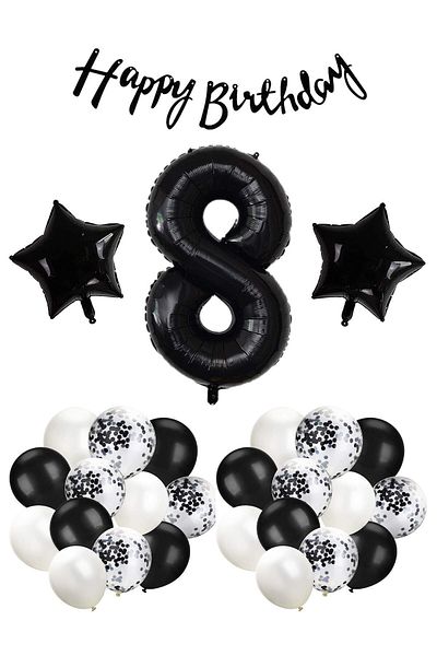 Ezgi Party Store Black Concept 8 Years Old Birthday Celebration Set; White Black Confet Balloon, Number Star Foil and Bann