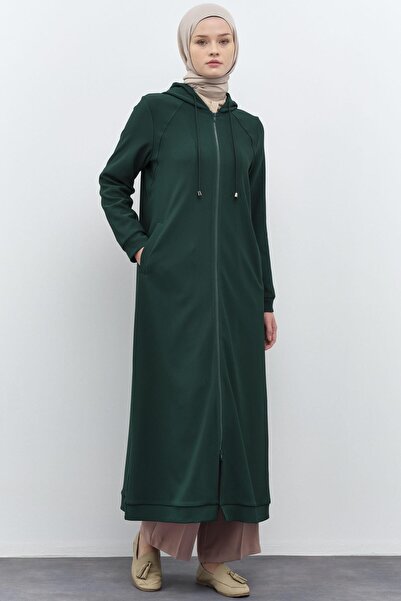 Tuğba Kapüşonlu Fermuar Kapamalı Örme Ferace - Zümrüt