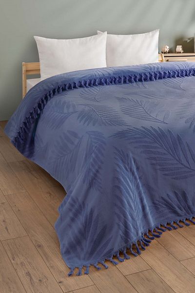 Sevim Indigo Double Fringed Bedspread - 100% Cotton & Soft & Fringed Pique - 220X240 cm