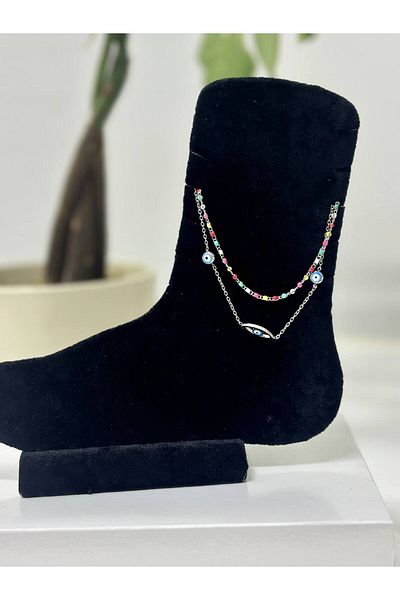 Bijutek Double Chain Silver Color Stainless Steel Anklet with Evil Eye Beads Colored Stone