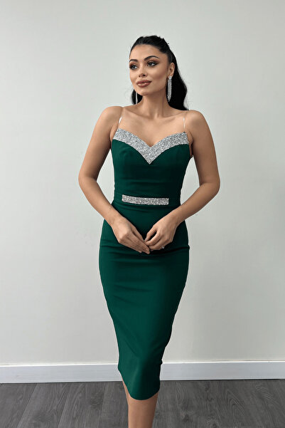 giyimmasalı Atlas Fabric Stone részletes ceruza ruha hímzett részletekkel - EMERAL GREEN