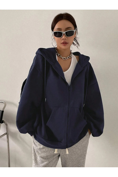 Türebutik Gray Hooded Unisex Zippered Jacket with Ribbon Inside