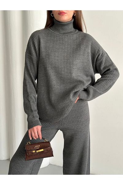 Laluvia Anthracite Ribbed Turtleneck Knitwear Set - 4671