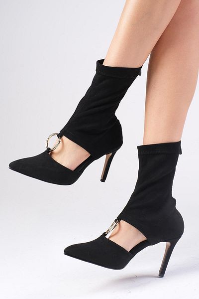 Mio Gusto Lilya Black Color Stretch Suede Women's Heeled Bootie Shoes