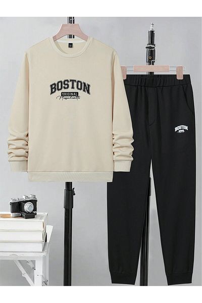 EVIus Σετ αθλητική φόρμα Boston Printed 100% βαμβακερή πλήρης χειμερινή υπερμεγέθη φόρμα - Crew Neck