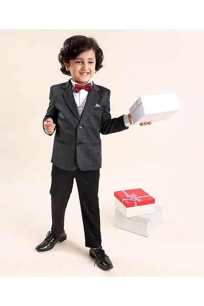Babyhug Full Sleeves Solid & Checked Party Suit With Bow Detailing - Anthra Black