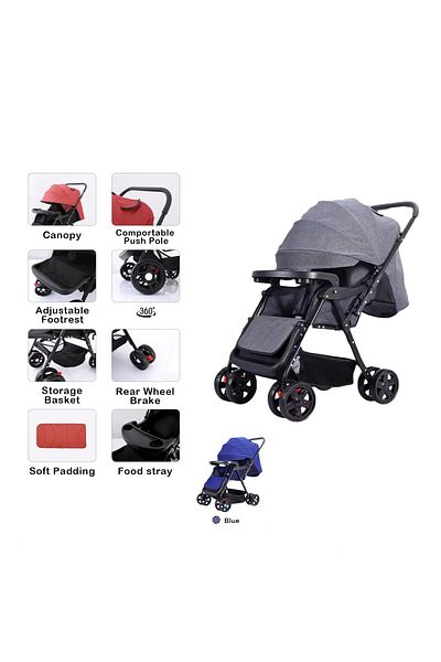 BabyCara عربة أطفال بمقبض قابل للعكس مع حقيبة لإكسسوارات الأطفال من سن 0 إلى 3 سنوات