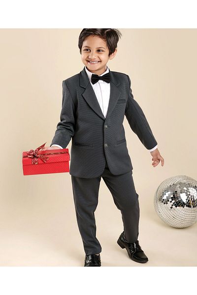 Babyhug Woven Full Sleeves Solid Party Suit with Bow Tie - Grey & White