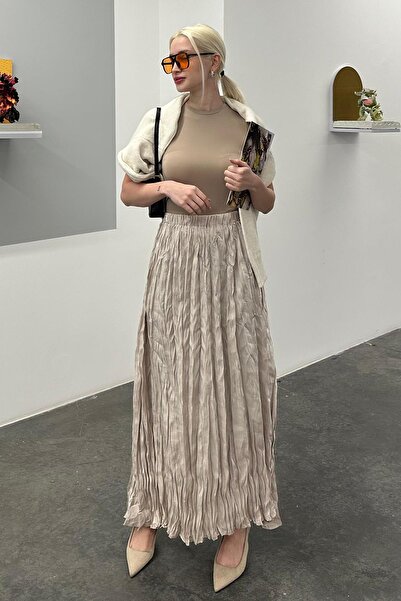 Madmext Taş Rengi Kırışık Desen Midi Boy Kadın Etek MG2266