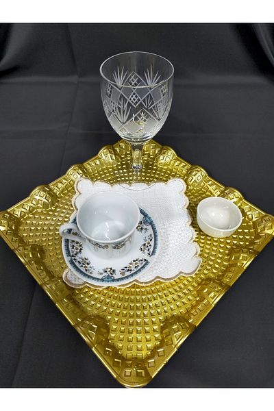 NAKIŞ ATÖLYESİ 6 Pieces Suitable for Etamin Processing Linen Linen Fabric Gold Square Wavy Brown Side Cocktail Presentation Napkin
