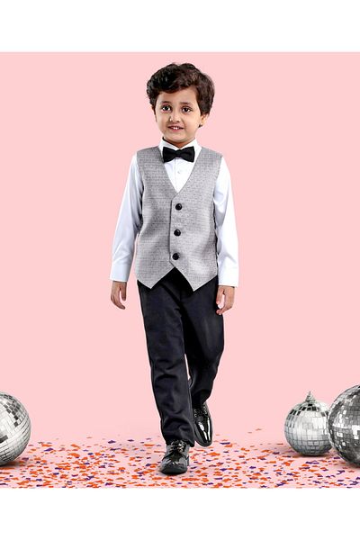 Babyhug Full Sleeves Party Suit With Waistcoat & Bow- Grey Black