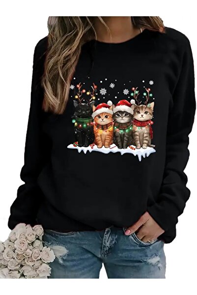 WOODROFFE سويت شيرت نسائي أسود كبير الحجم مطبوع عليه قطة للعام الجديد