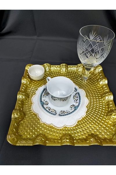 NAKIŞ ATÖLYESİ 6 PIECES OF LINEN LINEN FABRIC GOLD ROUND WAVY COFFEE SO COCKTAIL PRESENTATION NAPKIN SUITABLE FOR ETAMINATION