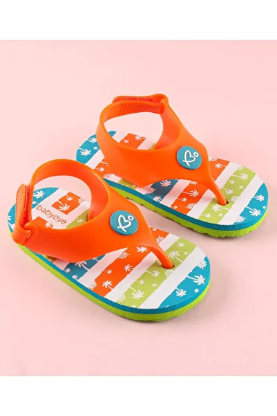 Babyoye Stripe Flip Flops Coconut Tree Print Velcro Closure - Orange