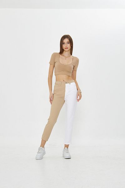 Kutaf Μπεζ Λευκό Δίχρωμο Ψηλόμεσο Mom Jeans