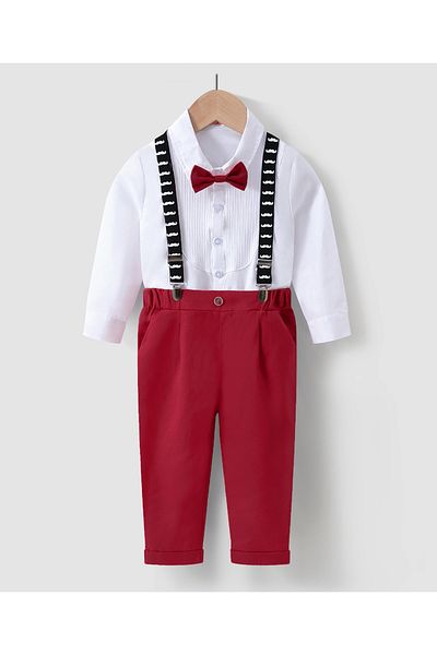 Kookie Kids Shirt with Bow and Pants with  Suspender Set - White & Red