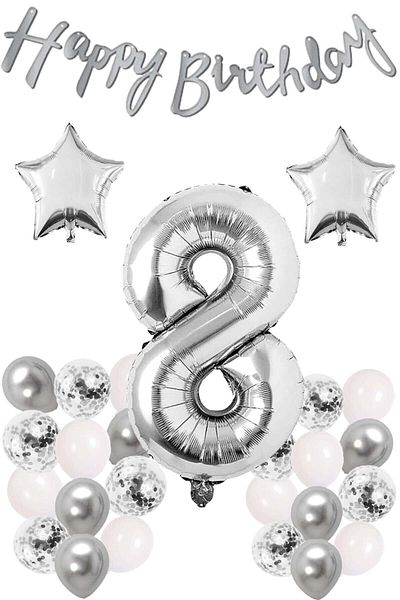 Ezgi Party Store Silver Concept 8 Years Old Birthday Celebration Set White Silver Confetti Balloon Figure Star Foil and Banner