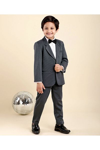 Babyhug Woven Full Sleeves Solid Party Suit with Bow Tie - Grey & White