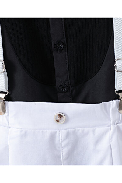Kookie Kids Solid Shirt & Trousers Set With Suspenders & Bow Tie - White & Black