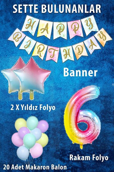 Ezgi Party Store Rainbow Concept 6 Year Old Birthday Party Celebration Set; Number and Star Foil, Banner and Macaron Honey