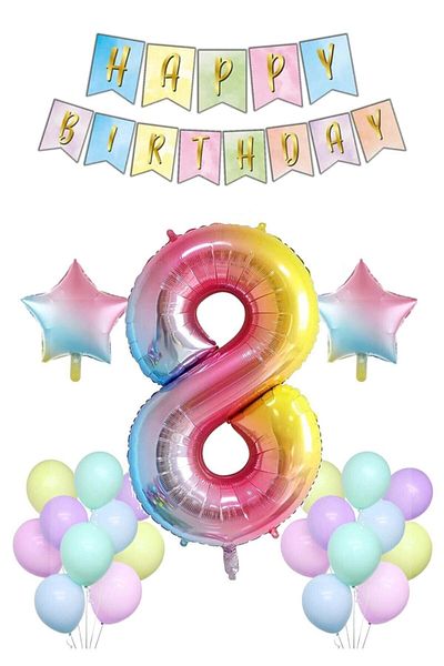 Ezgi Party Store Rainbow Concept 8 Year Old Birthday Party Celebration Set; Number and Star Foil, Banner and Macaron Honey