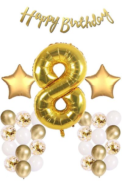 Ezgi Party Store Gold Concept Celebration Set for 8-Year-Old Birthday - White Gold Confetti Balloon, Numeral Star Foil and Banner