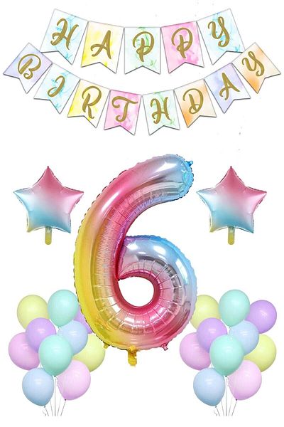 Ezgi Party Store Rainbow Concept 6 Year Old Birthday Party Celebration Set; Number and Star Foil, Banner and Macaron Honey