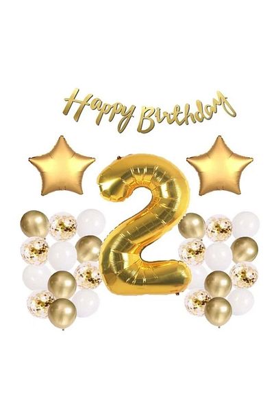 Ezgi Party Store Gold Concept Celebration Set για γενέθλια 2 ετών - Λευκό μπαλόνι καραμέλας, φύλλο αστεριών αριθμών και πανό