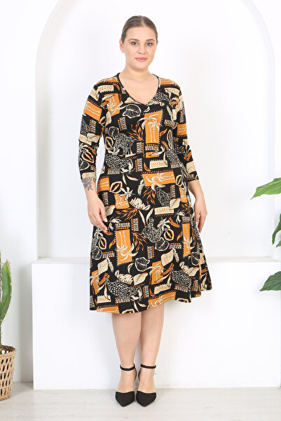 Madwilo Women's Black Orange Palm Pattern Three Quarter Sleeve V Neck Drawstring Plus Size Stretchy Dress