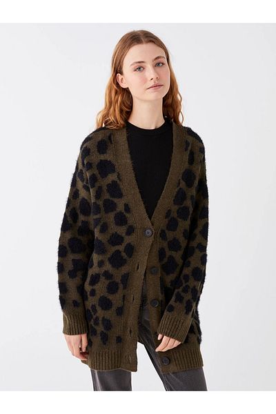 LC Waikiki Lcw Modest Khaki V-Neck Patterned Women's Knitwear Cardigan