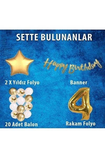 Ezgi Party Store Σετ γιορτής γενεθλίων Gold Concept 4 ετών. Μπαλόνι από λευκό χρυσό καραμέλα, φύλλο αστεριών αριθμών και πανό