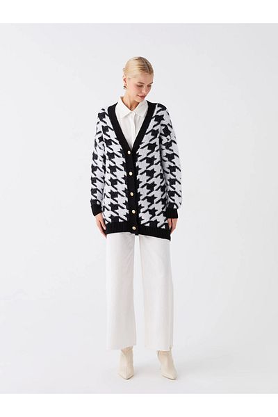 LC Waikiki Cardigan de damă Lcw Modest negru cu decolteu în V cu model