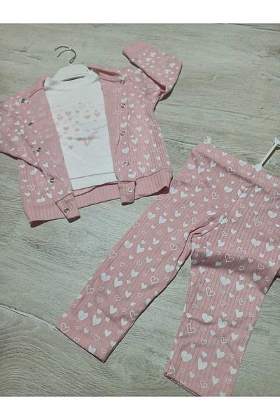 Doradino Doradino Heart Printed 3-Piece Baby Set Bottom Top Cardigan