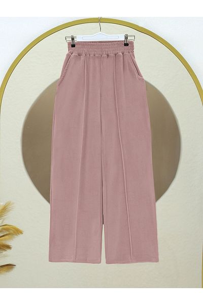 Modamorfo Striped Velvet Trousers with Elastic Waist - Powder