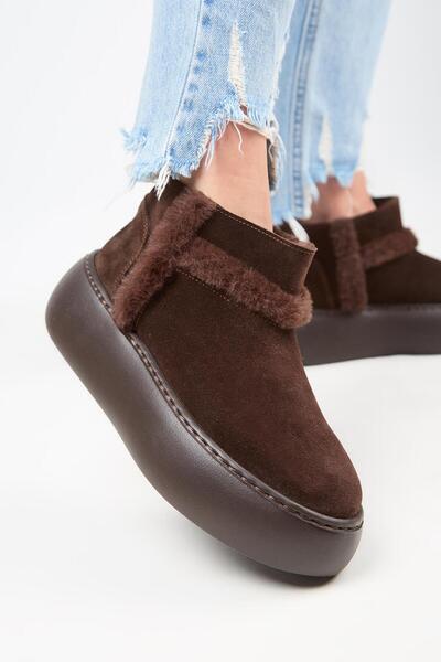 Manijero (Azura Mini) Kadın Hakiki Deri İçi Kürklü Ve Kürk Şeritli Kahve Bot