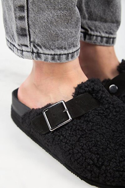 Manijero Γυναικείες μαύρες παντόφλες Juno από γνήσιο δέρμα με ζώνη Tedy Platform