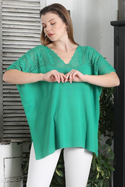 Chiccy Πράσινη μπλούζα με κοντό μανίκι άνοιγμα Casual oversized πλεκτό