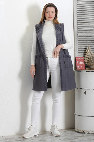 Chiccy Italian Dark Gray Sleeveless Closure-Free Double Pocket Fur Casual Suede Woven Vest