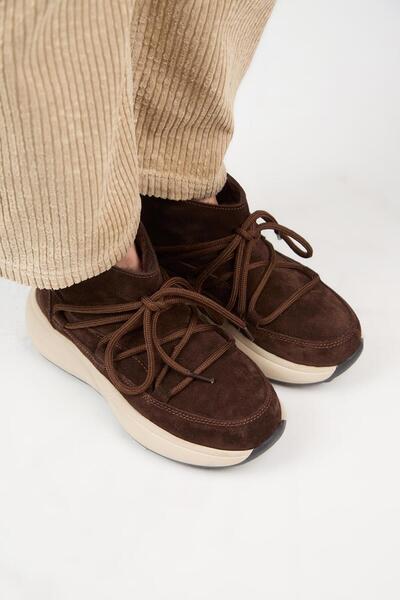 Manijero (Palmira) Kadın Hakiki Deri İçi Kürklü Bağcıklı Mini Kahve Bot