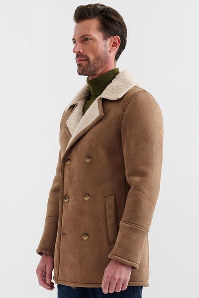 Pierre Cardin Nolan Regular Fit Fur Lined Buttoned Layered Collar Classic καφέ σουέτ παλτό με πλαϊνές τσέπες