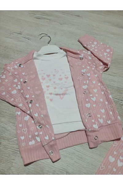 Doradino Doradino Heart Printed 3-Piece Baby Set Bottom Top Cardigan