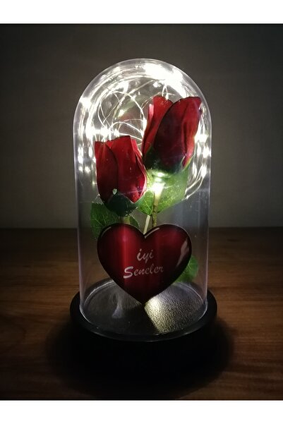 Piyan Kırmızı Gül Çiçek Kalpli Işıklı Fanus Dekoratif Hediyeler Teraryum Anne...