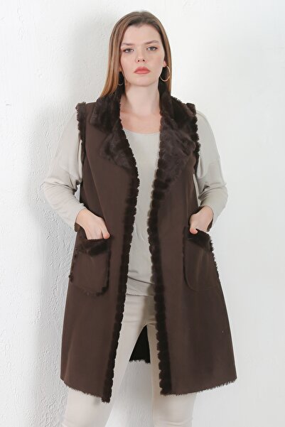 Chiccy Italian Brown Sleeveless Closure-Free Double Pocket Fur Casual Suede Woven Vest