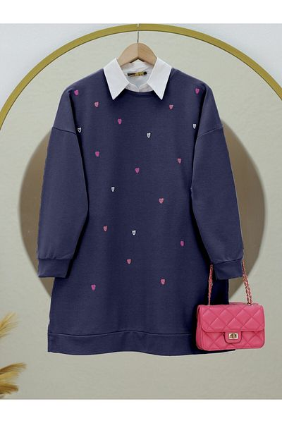 Modamorfo Crew Neck Heart Embroidered Slit Tunic -Navy