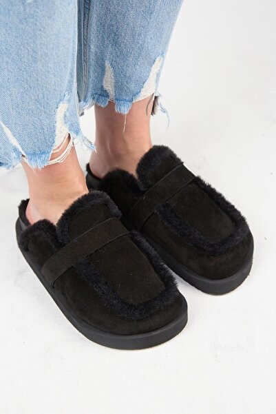 Manijero (Ecemi Platform) Γυναικείες μαύρες παντόφλες πλατφόρμας Loafer από γνήσιο δέρμα