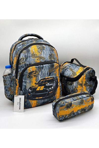 ms mixxstore Rucsac pentru școală primară pentru bărbați cu model de mașină, cu alimentare din folie și suport pentru stilou