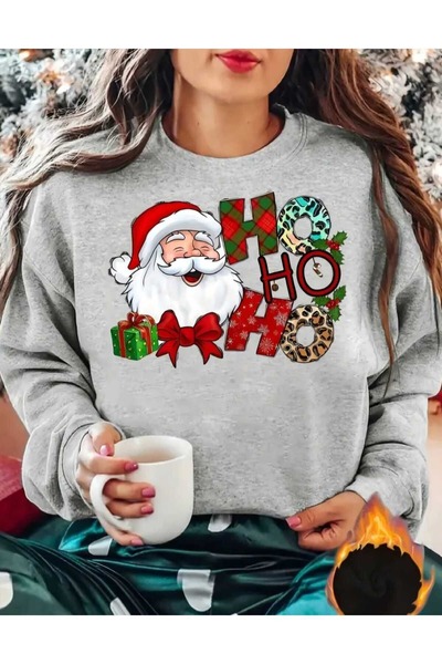 WOODROFFE سويت شيرت نسائي ذو طابع HoHoHo مطبوع برقبة دائرية باللون الأبيض وال...