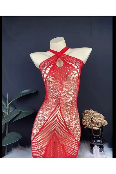 İntive Lingerie Intive Women Red Mesh Stretchy Mini Deep V Low Cut Stocking Dress