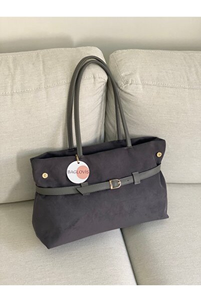 BAGLOVİS Extensible Suede Gray Shoulder Bag with Front Buckle Detail